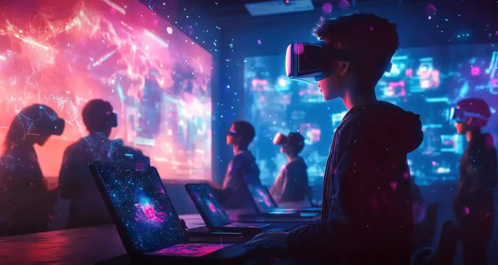 Alunos utilizando realidade virtual e tecnologia digital em sala de aula futurista, imersos em conteúdo interativo com computadores e projeções holográficas.