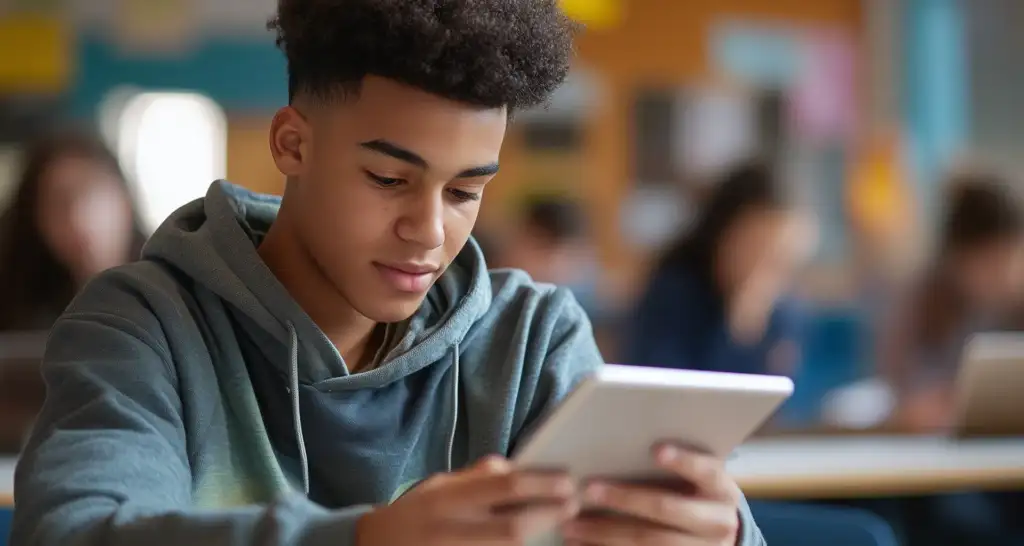 Estudante usando tablet em sala de aula como parte de metodologias ativas no processo de aprendizagem