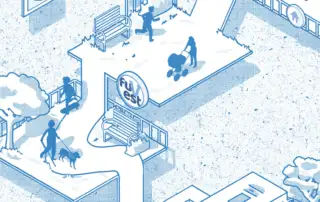 Ilustração em azul representando pessoas caminhando, correndo e passeando com cães em um espaço urbano com o logotipo da FUVEST.