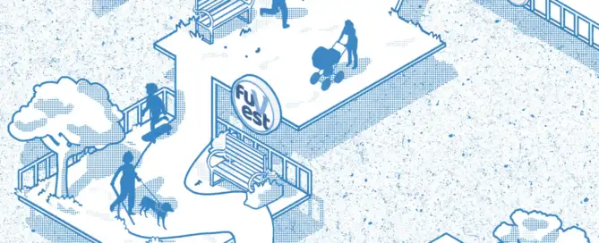 Ilustração em azul representando pessoas caminhando, correndo e passeando com cães em um espaço urbano com o logotipo da FUVEST.