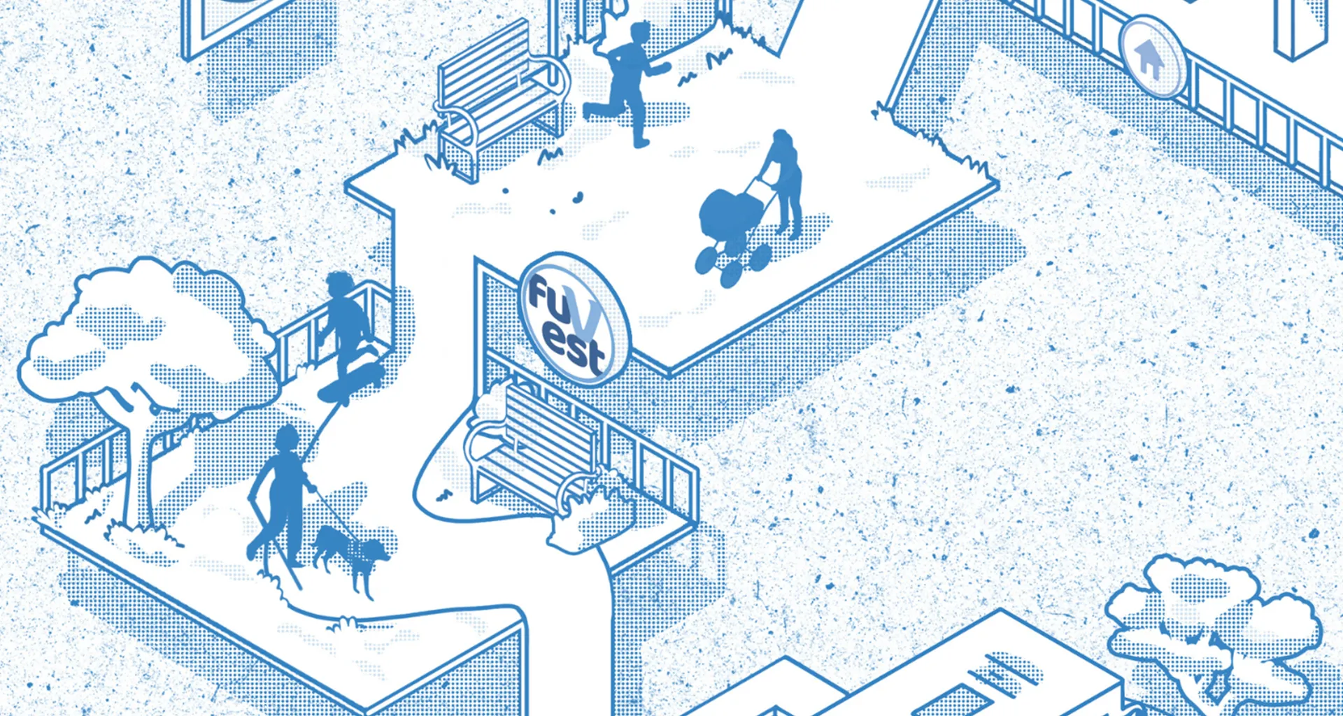 Ilustração em azul representando pessoas caminhando, correndo e passeando com cães em um espaço urbano com o logotipo da FUVEST.
